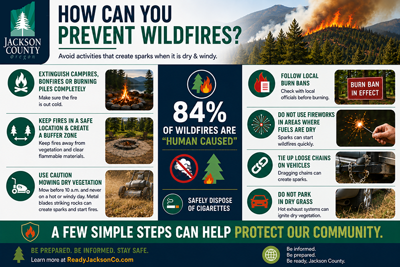 Infographic from Jackson County Emergency Management announcing the start of fire season in Jackson County, Oregon. The graphic features wildfire imagery with smoke and forested hills, along with bold text reminding residents that warmer temperatures and dry conditions increase wildfire risk. Safety reminders encourage people to prepare emergency plans, stay informed about current fire danger levels, and help prevent human-caused wildfires. The ReadyJacksonCo.com website and Jackson County Emergency Management branding are included.